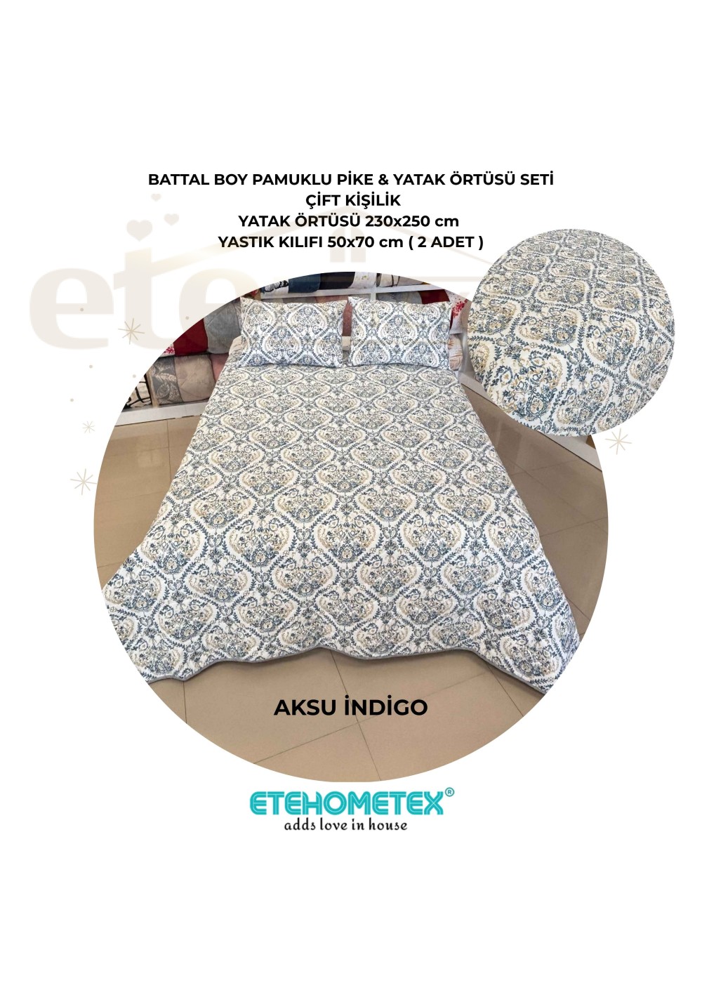 ETEHOMETEX Battal Boy Pamuklu Kapitoneli Yatak Örtüsü Seti AKSU İNDİGO 8696474232096